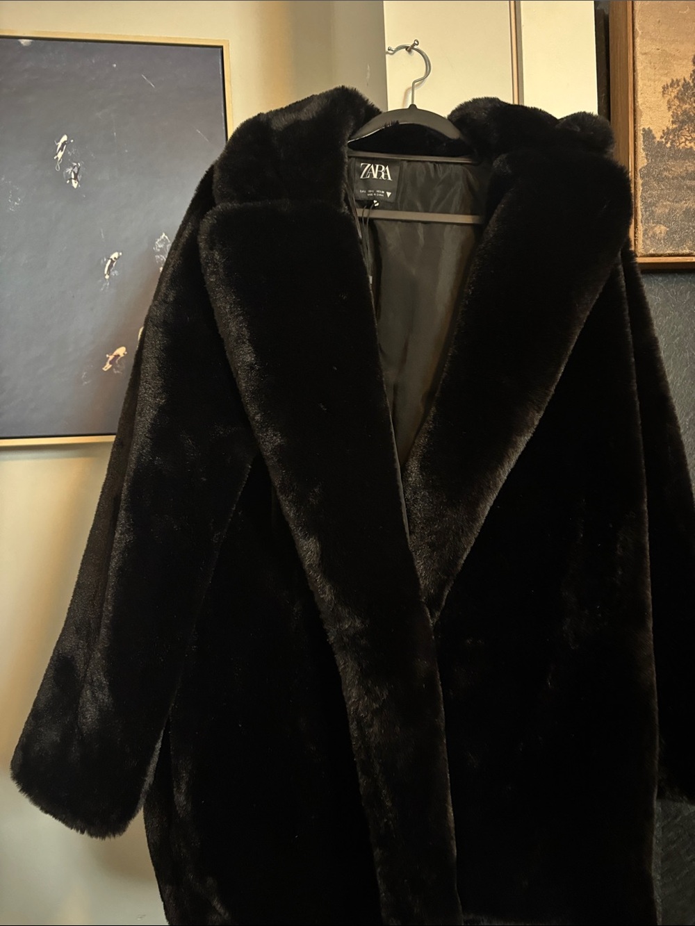 Zara Black Faux Fur Teddy Coat with Wide Lapel